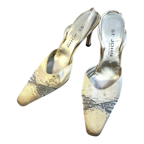 ST JOHN Beige Metallic Crystal Embellished Evening sling back Heels 8.5B - Picture 14 of 15